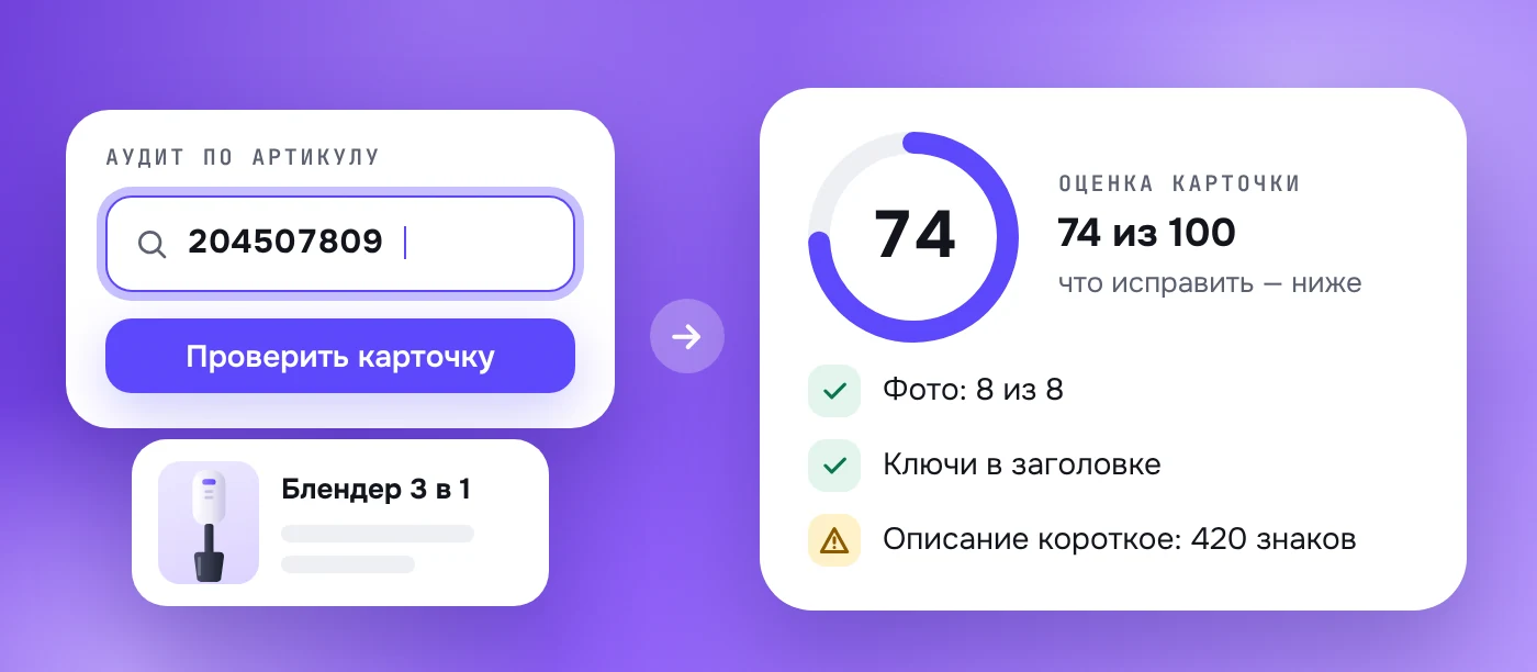 Аудит по артикулу в кабинете Assorta: оценка карточки 74 из 100 и список, что исправить