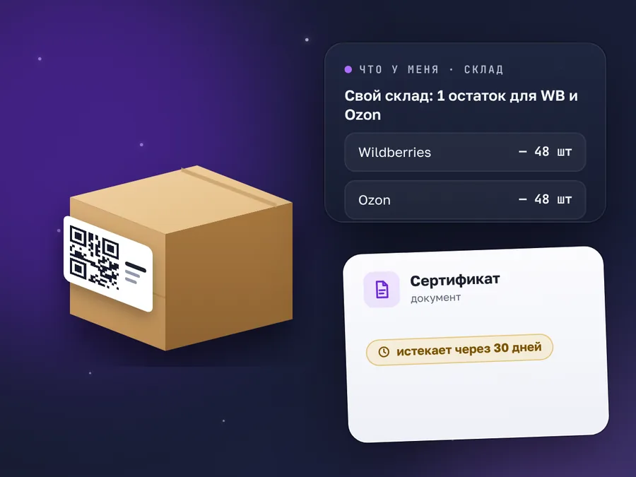 Свой склад: один остаток для Wildberries и Ozon, коробка со стикером и сертификат со сроком