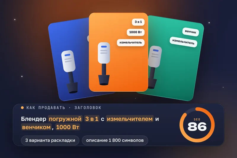 Готовая карточка: три обложки и SEO-заголовок с ключами ниши, оценка 86